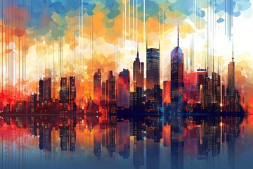 Glow of the City: Glowing Skyscrapers in a Modern Abstract New York Landscape Illustration: Generative AI
