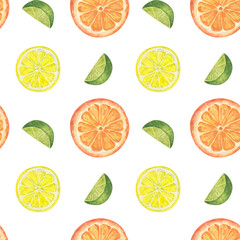 Obraz premium Watercolor fruit seamless pattern. Summer juicy peaces of lemon, orange and lime. Hand drawn illustration on transparent.