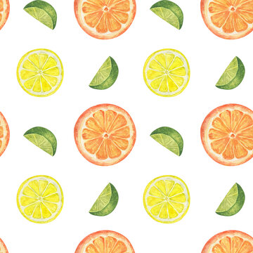 Watercolor fruit seamless pattern. Summer juicy peaces of lemon, orange and lime. Hand drawn illustration on transparent.