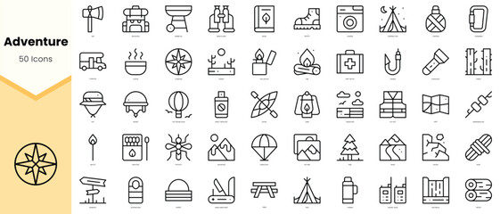 Set of adventure Icons. Simple line art style icons pack. Vector illustration