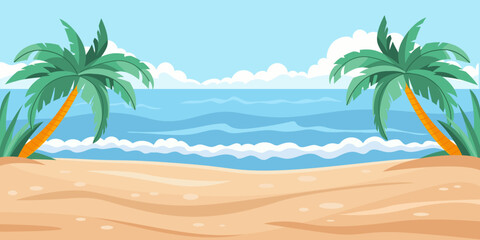 Fototapeta na wymiar Summer seascape with sand, blue sea, palm trees. Seashore. Tropical paradise. Horizontal background with scenery view ocean. Vector illustration flat style