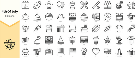 Set of simple outline 4th of july Icons. Simple line art style icons pack. Vector illustration