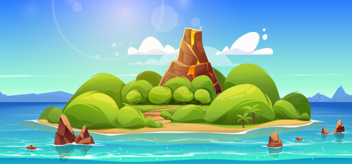 Tropical volcano island in sea cartoon vector landscape background. Exotic volcanic isle with palm tree forest in ocean water. Beautiful tropic tourism green seaside coast nature on sunny day. © klyaksun