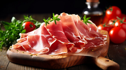 Sliced Prosciutto an Italian cold cut on wooden board