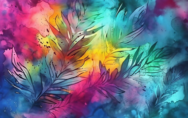 Abstract watercolor summer background with leaves. Generative AI technology.