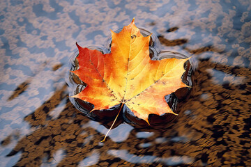 Close up of floating yellow maple leaf on clear river. Created using generative AI tools