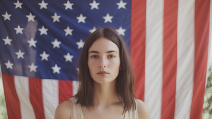 Attractive young woman next to the flag of the United States of America. Independence Day of the United States. July 4th. Generative AI