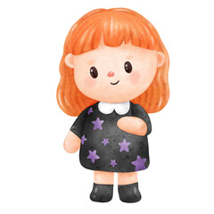 Little girl, witch, orange hair, black shirt with stars pattern Halloween Pumpkin 