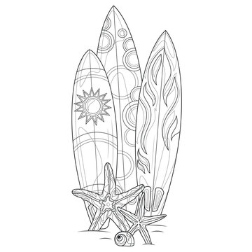 recommend clip art: Surfboards and starfish.Coloring page antistress for children and adults. Illustration isolated on white background.Zen-tangle style. Hand draw