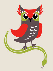 The bird is an owl. The owl. Cute frowning owl and snake.Vector illustration of an owl.