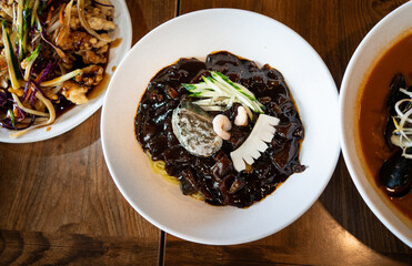 Delicious Jajangmyeon, jjajangmyeon, Korean-style Chinese noodle dish topped with thick sauce in south korea.