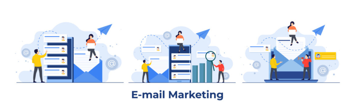 Set of email marketing campaign flat illustrations, Online business strategy, Advertising, Email newsletter, messaging, Marketing concept for landing page, web banner, social media, infographic