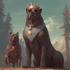 hairy a grizzly bear standing up right has a crown - obrazy, fototapety, plakaty