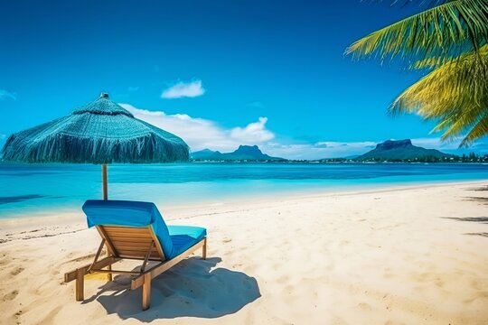 Beach chair on beautiful tropical beach at Seychelles - nature background. Generative AI.