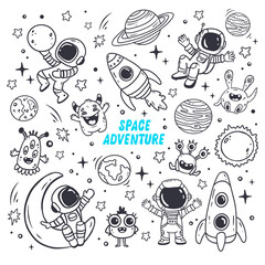 set of cosmos in doodle style: astronaut, planets, stars, rocket and alient,monster for design. Science space exploration. 