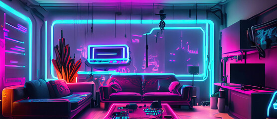 Fototapeta na wymiar Cyberpunk luxurious living room with neon light it