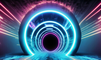 3d abstract background with neon lights. neon tunnel. space construction and 3d illustration