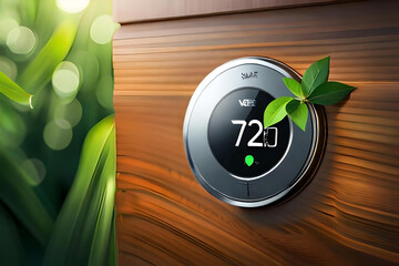 an energy-efficient smart thermostat with a green leaf symbol, representing the use of smart technology for optimizing energy consumption - obrazy, fototapety, plakaty