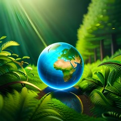 Glass globe in green forest with environment 04. Generative AI