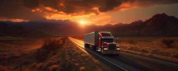 Truck on the road in the desert at sunset. 3d rendering (AI generated)