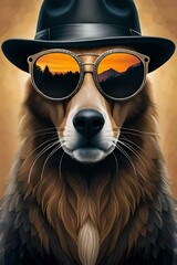 dog portrait with wearing hat and sunglasses 01. Generative AI