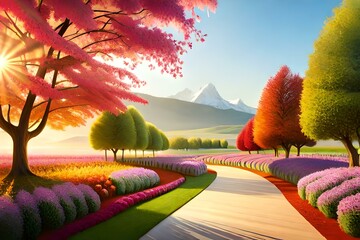 Beautiful pants and flower garden with trees in the sunset 01. Generative AI