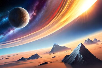 Colorful space with planets and asteroids 03. Generative AI