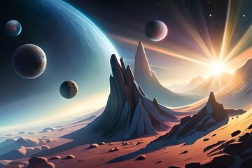 Colorful space with planets and asteroids 02. Generative AI