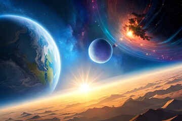 Colorful space with planets and asteroids 01. Generative AI