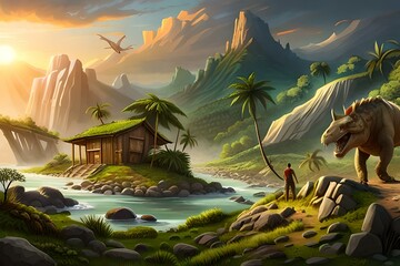 prehistoric landscape, tropical island in the jungle, dinosaurs, reptiles on the islands, house next to mountain, green, cloudy, sunrise