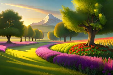 Beautiful pants and flower garden with trees in the sunset 03. Generative AI
