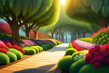 Beautiful pants and flower garden with trees in the sunset 02. Generative AI