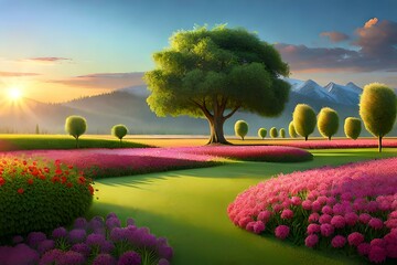 Beautiful pants and flower garden with trees in the sunset 01. Generative AI