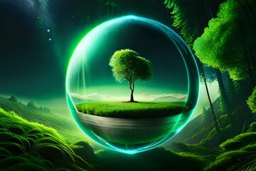 Glass globe in green forest with environment 02. Generative AI