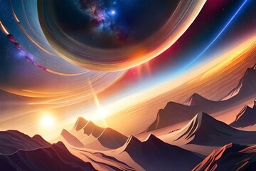 Colorful space with planets and asteroids 04. Generative AI