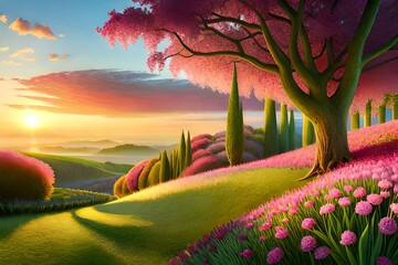 Beautiful pants and flower garden with trees in the sunset 04. Generative AI
