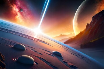 Colorful space with planets and asteroids 05. Generative AI