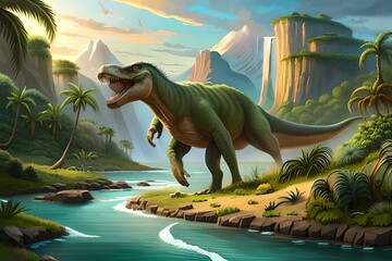 giant, prehistoric beast, dinosaur 3d attacks human, in tropical forest, jurassic landscape 03 . Generative AI