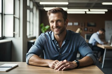 Smiling handsome businessman sitting in front of desk. Generative AI