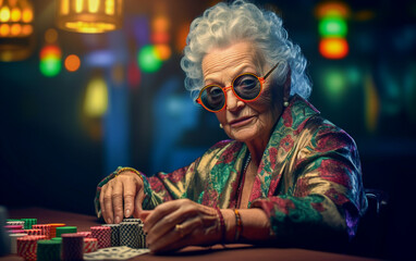 Elderly woman in mirrored sunglasses and impassible poker face is sitting at the poker table - obrazy, fototapety, plakaty