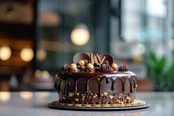 Delicious Chocolate Cake on Table with Blurred Restaurant Background