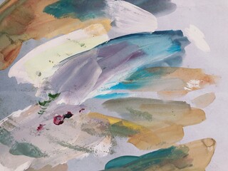 abstract hand-drawn background with yellow, blue, green, orange, violet paint strokes on lilac paper