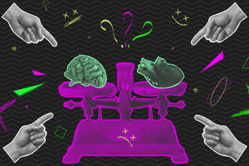 Trendy punk halftone collage poster set with retro halftone elements and naive doogle elements. Mechanical Scales With Brain And Heart in pans.


