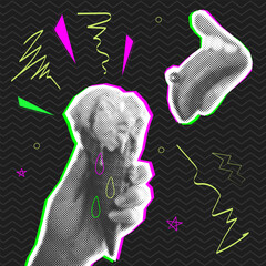 Woman mouth and ice- cream retro halftone collage elements. Dotted pop style. Vector grunge punk crazy
