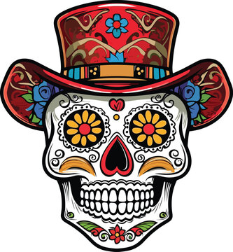 cinco de mayo sugar skull illustration, sugar skull wearing hat t-shirt design
