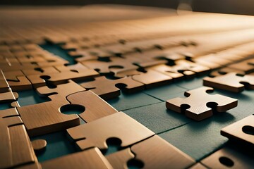 Wooden puzzle pieces scattered on a table. Metal training concept. Created with generative Ai technology.