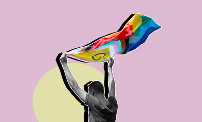 person in black and white with progress pride flag