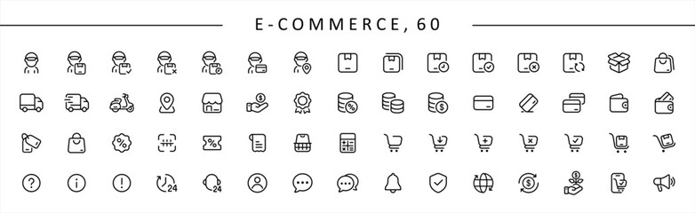 Online Shopping icon set in line style. E-Commerce, Shopping, Shop, Ecommerce, Digital marketing, Delivery truck, Delivery services simple line style symbol button sign for apps and website.