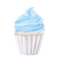 Cupcake muffin with blue cream. Sweet food clipart. Hand drawn watercolor illustration isolated on white background. Gender reveal party, baby shower. For cafe menu pastry shop