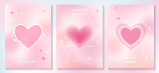 Set of abstract fluid pastel pink background with gradient blurry heart and star, trendy minimal template with brutalism geometric shapes for card, banner, poster, cover design.